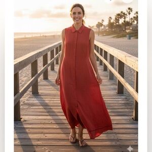 Vintage Maxi Putumayo Linen Button Down in Salmon Sleeveless Dress Large b3